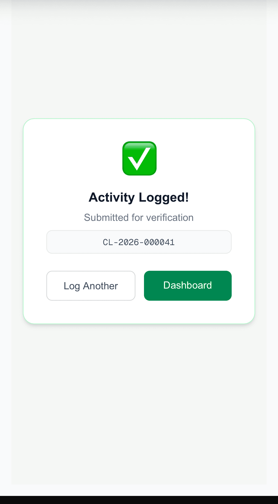Activity logged confirmation screen with a unique log reference ID
