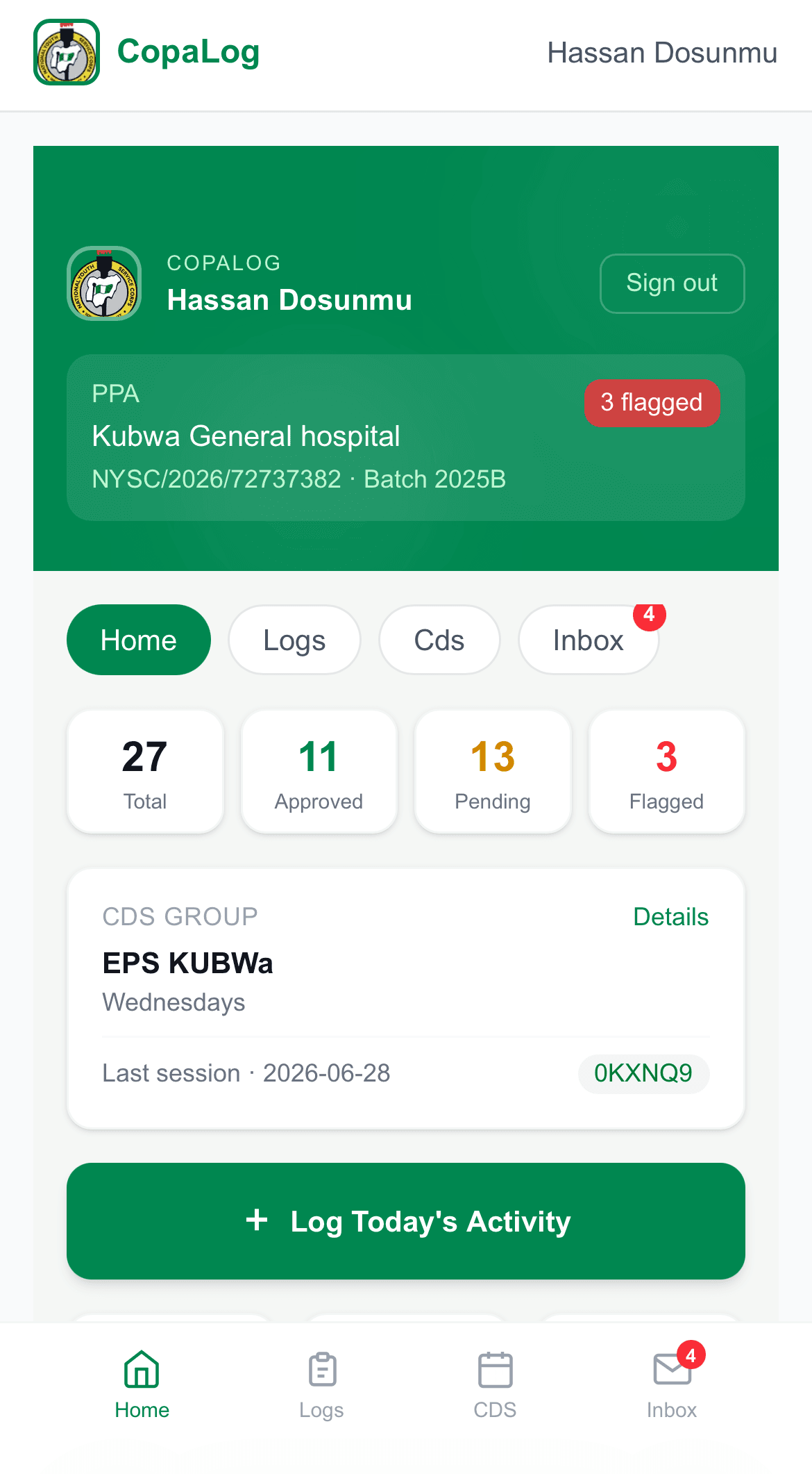 Corps member attendance calendar showing monthly session records