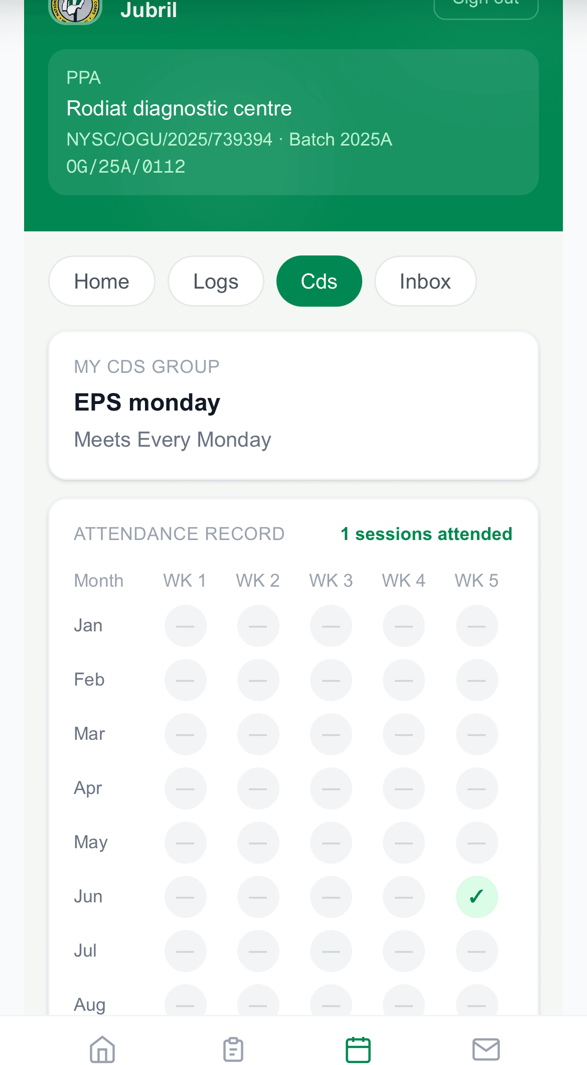 CDS group session history and attendance overview for an LGA officer