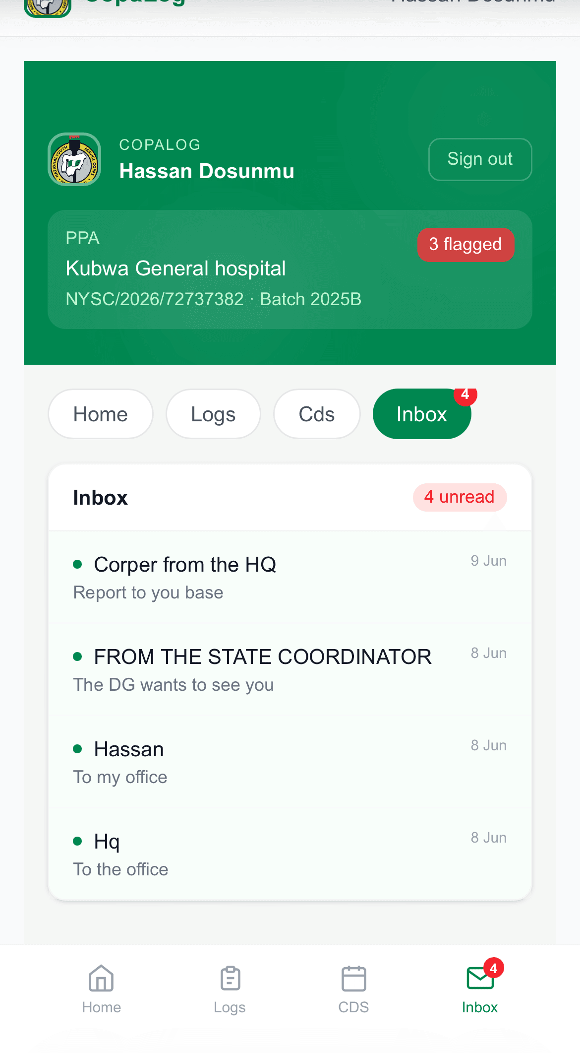 In-app inbox showing messages between corps members and HQ