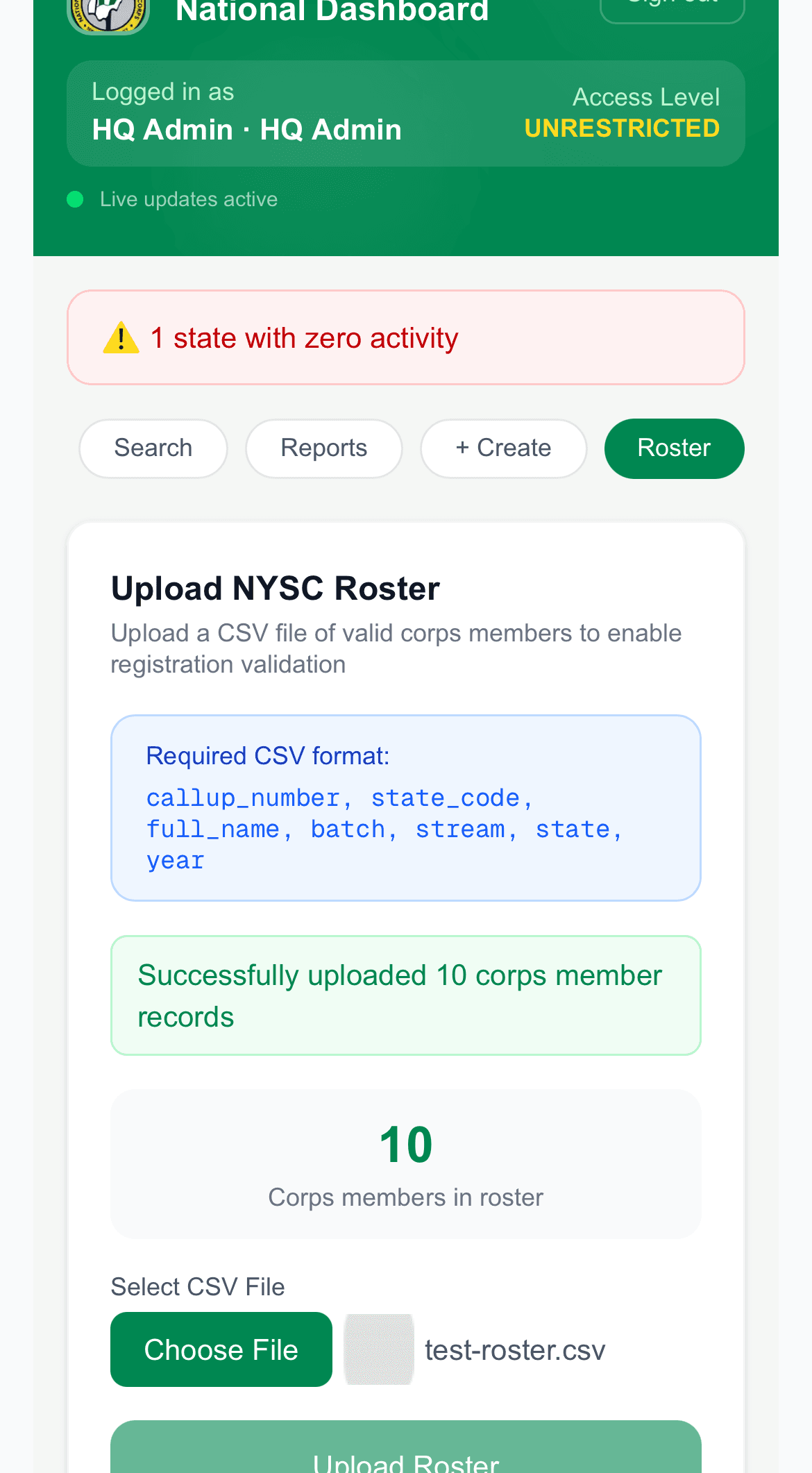 NYSC roster CSV upload screen with validation status