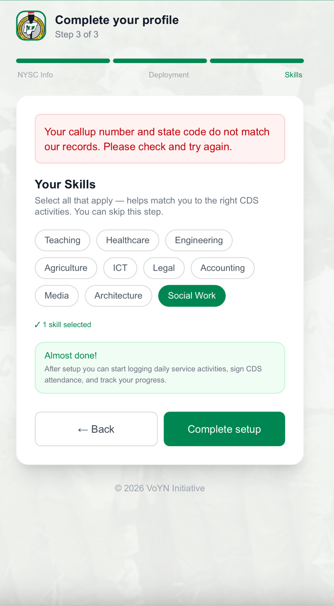 Registration flow showing callup number and state code validation error