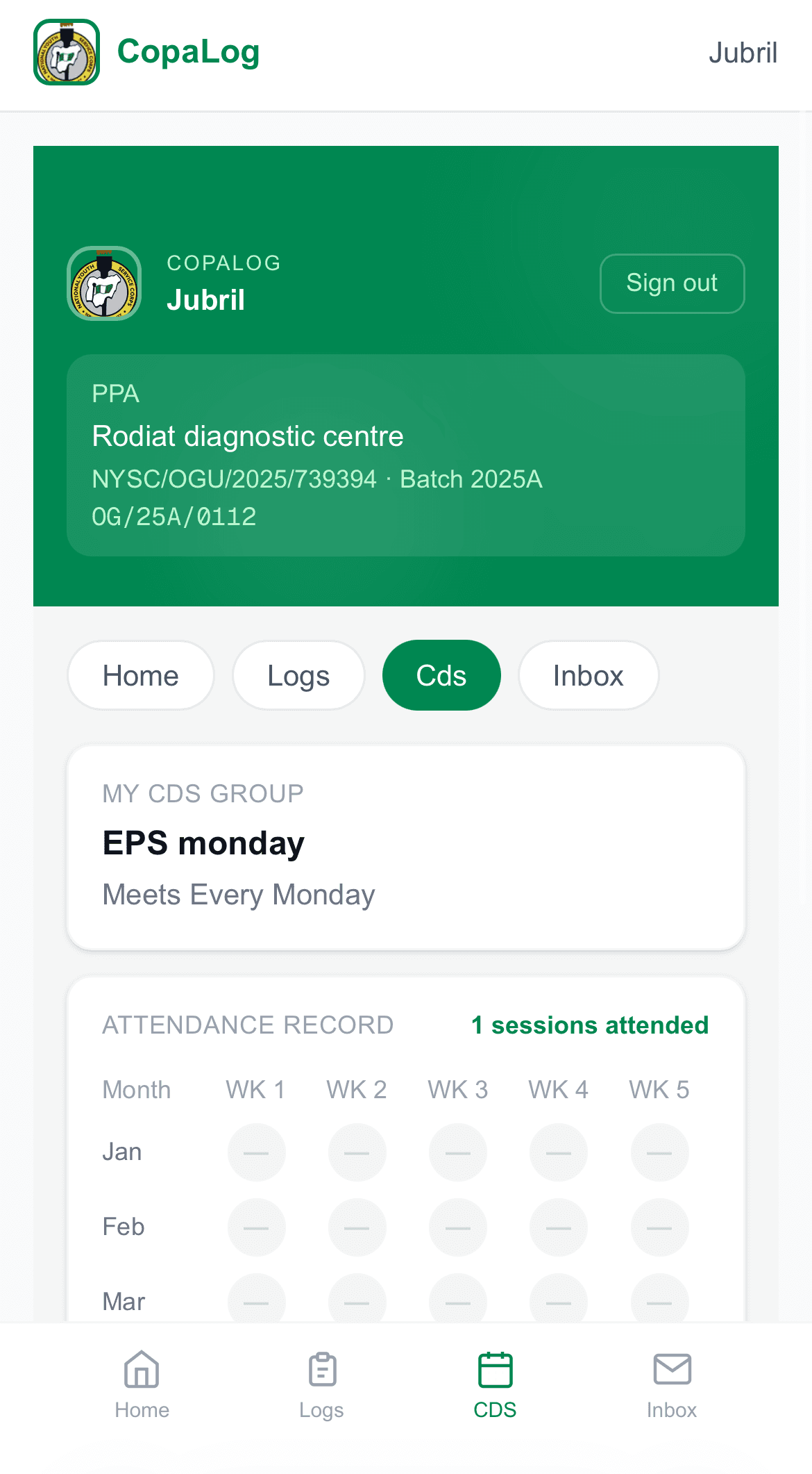 Session history log with generated session codes and attendance counts